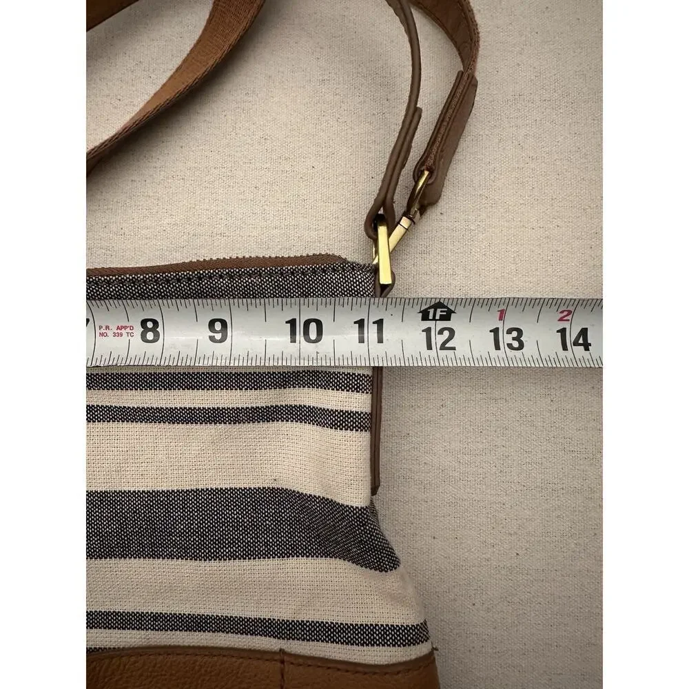Fossil Amelia Hobo Crossbody Shoulder Bag Brown Leather With Stripe Fabric